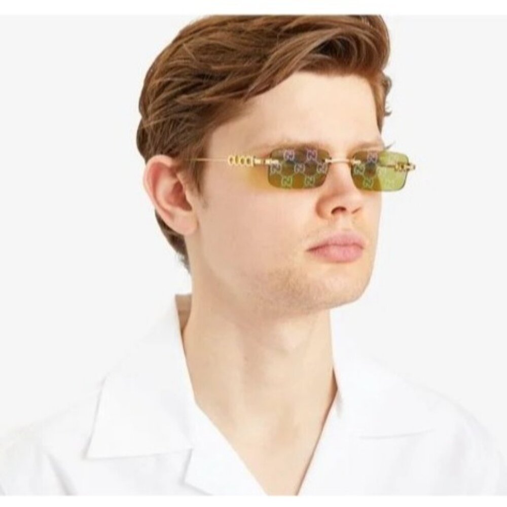 NEW GUCCI SUNGLASSES GOLD UNISEX RECTANGLE EYEWEAR GUCCI GG1808S 002